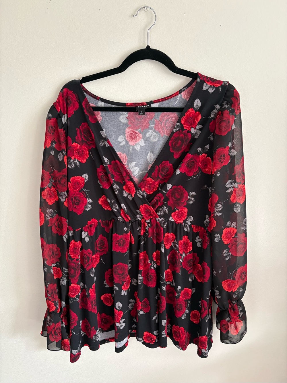 torrid Black Sheer Blouse with Red Rose Print